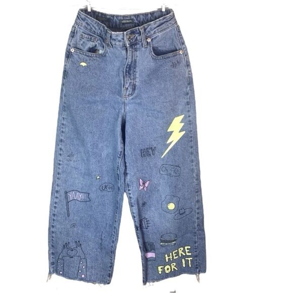 WILD FABLE Wm’s Sz 2 Dark Wash Highest Rise Frayed Wide Leg Ankle Denim Jeans - Picture 1 of 6